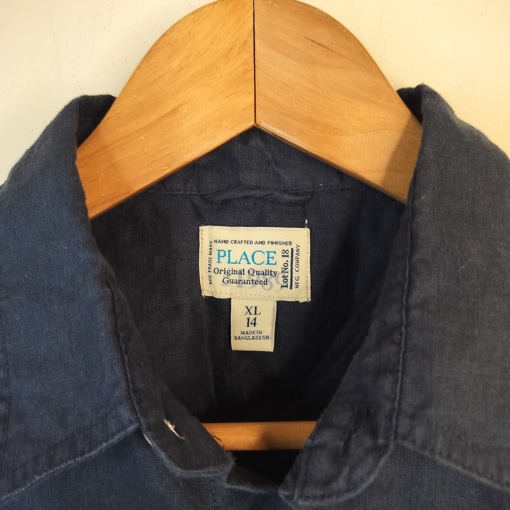The Children's Place Linen Button Down Shirt Kids Boys XL 14 Tab Sleeve Navy - Picture 4 of 9